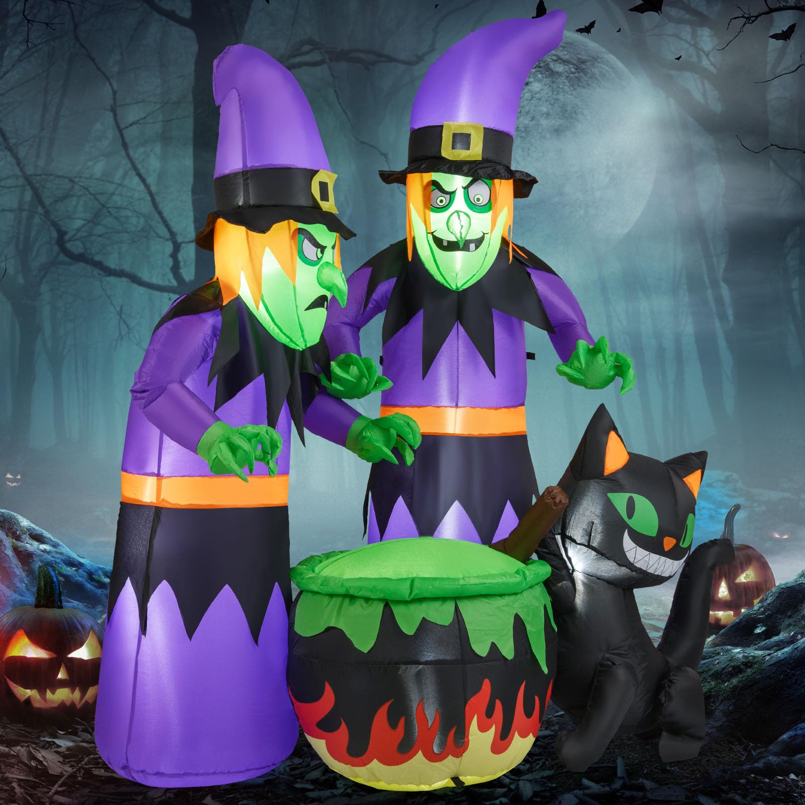 Tangkula Sorcières Gonflables d'Halloween de 6 Pi, 2 Décorations de Sorcières Effrayantes à Souffler avec Chaudron et Chat Noir